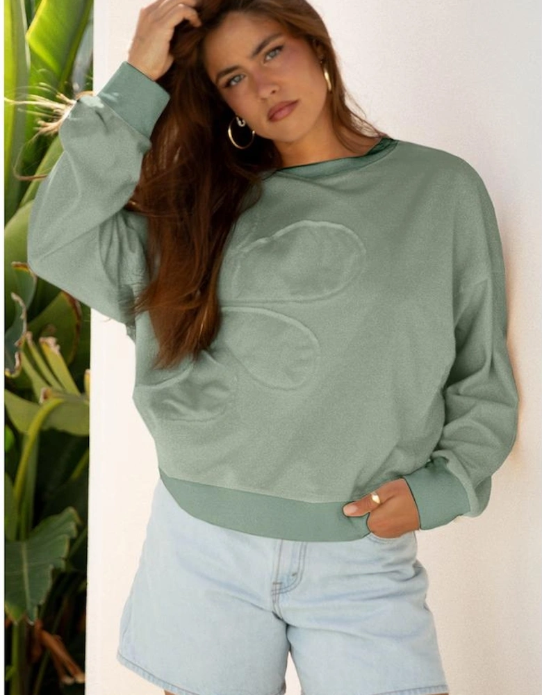 Smoke Green Raw Edge Flower Patch Drop Shoulder Casual Top