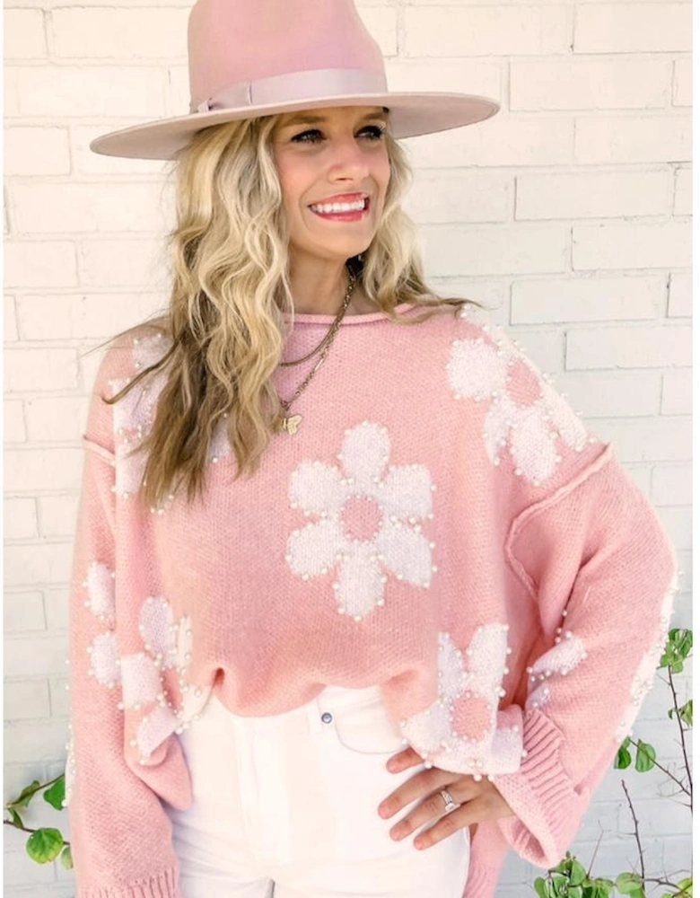 Multicolour Pearl Beaded Floral Drop Shoulder Sweater