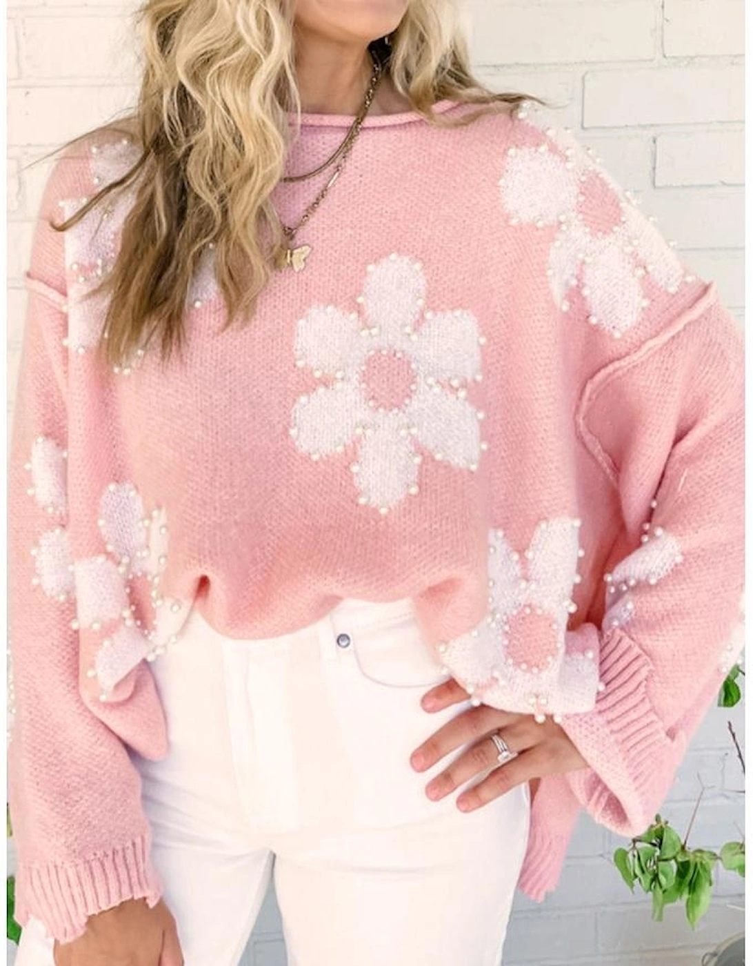 Multicolour Pearl Beaded Floral Drop Shoulder Sweater, 7 of 6