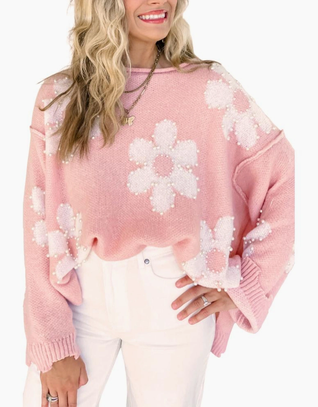 Multicolour Pearl Beaded Floral Drop Shoulder Sweater