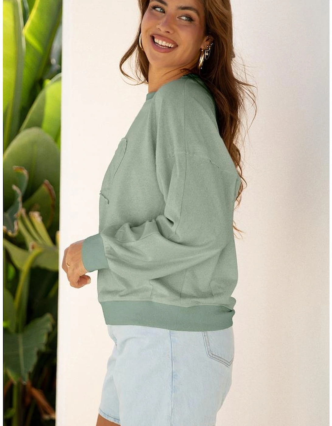 Smoke Green Raw Edge Flower Patch Drop Shoulder Casual Top