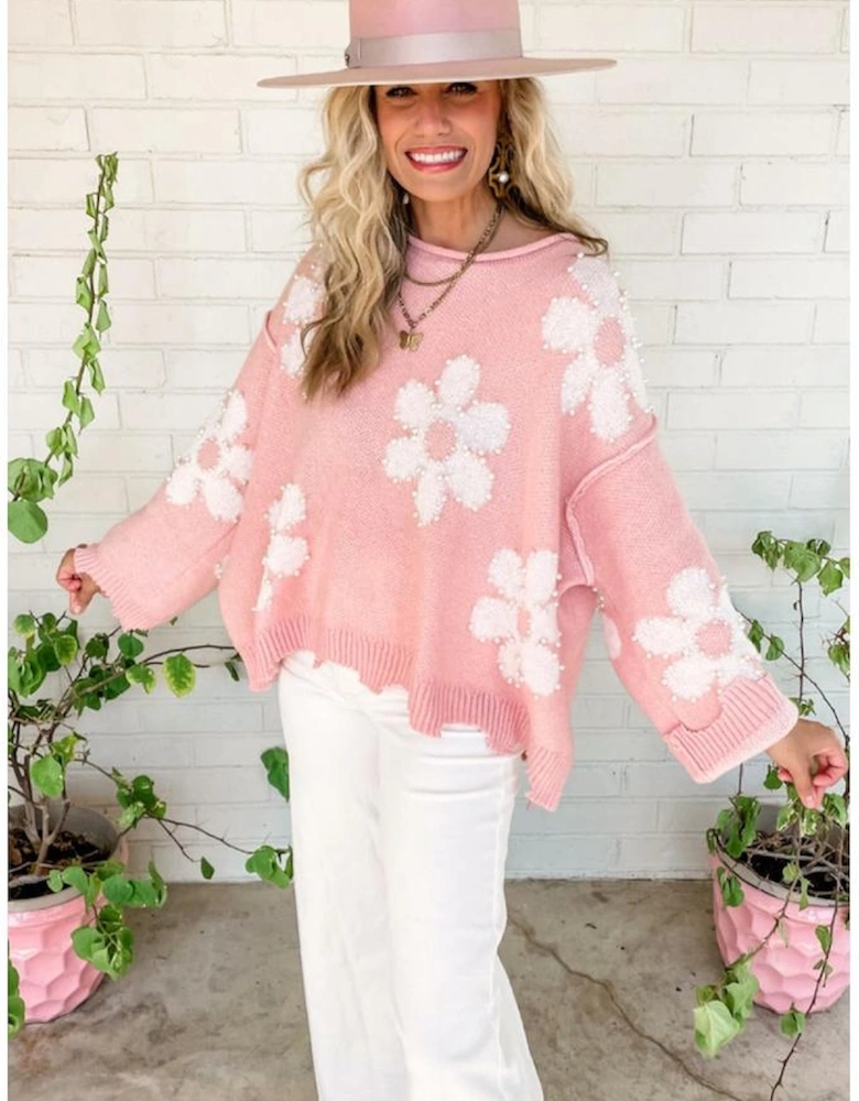 Multicolour Pearl Beaded Floral Drop Shoulder Sweater