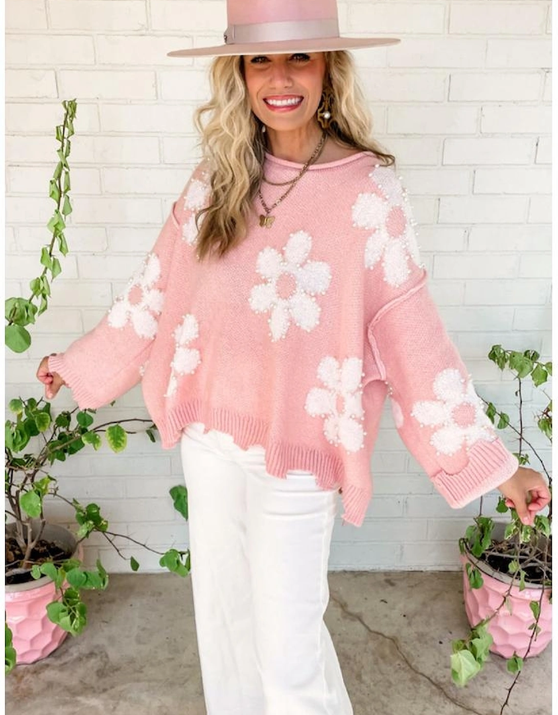 Multicolour Pearl Beaded Floral Drop Shoulder Sweater