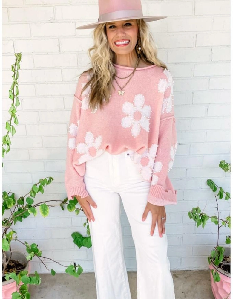 Multicolour Pearl Beaded Floral Drop Shoulder Sweater