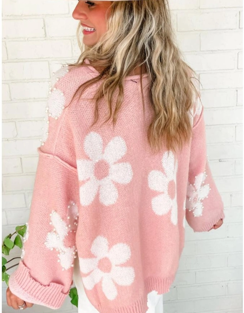 Multicolour Pearl Beaded Floral Drop Shoulder Sweater