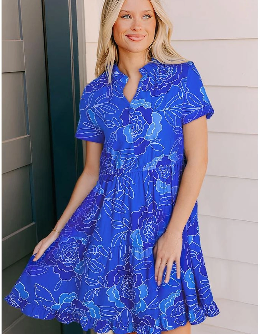 Blue Floral Ruffled Hem V Neck Short Sleeve Flowy Mini Dress