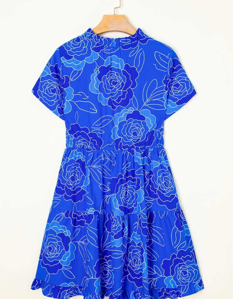Blue Floral Ruffled Hem V Neck Short Sleeve Flowy Mini Dress
