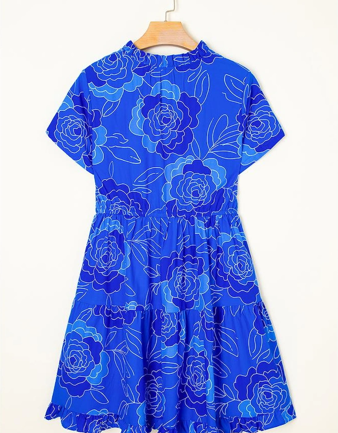 Blue Floral Ruffled Hem V Neck Short Sleeve Flowy Mini Dress