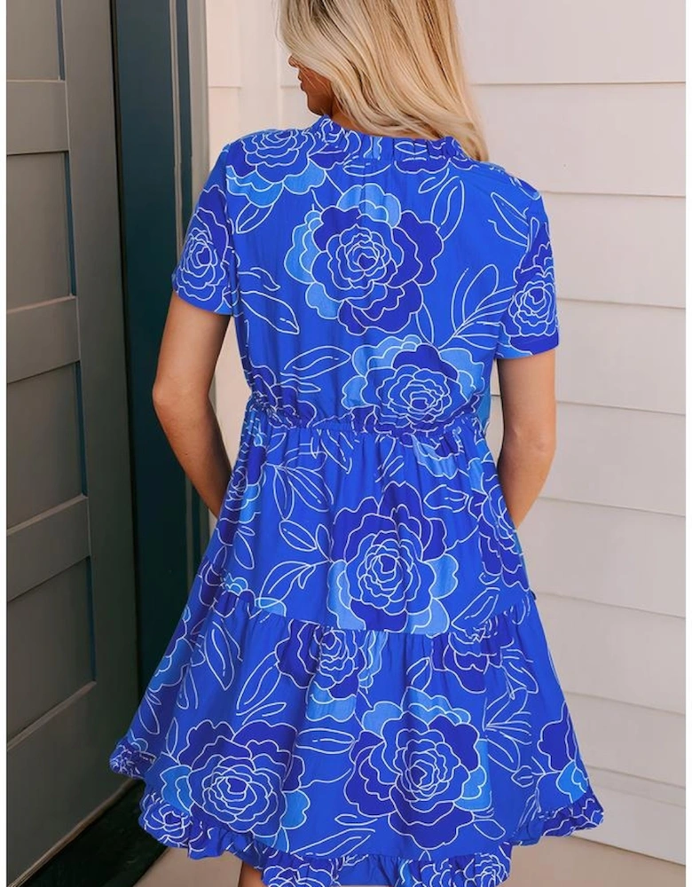 Blue Floral Ruffled Hem V Neck Short Sleeve Flowy Mini Dress
