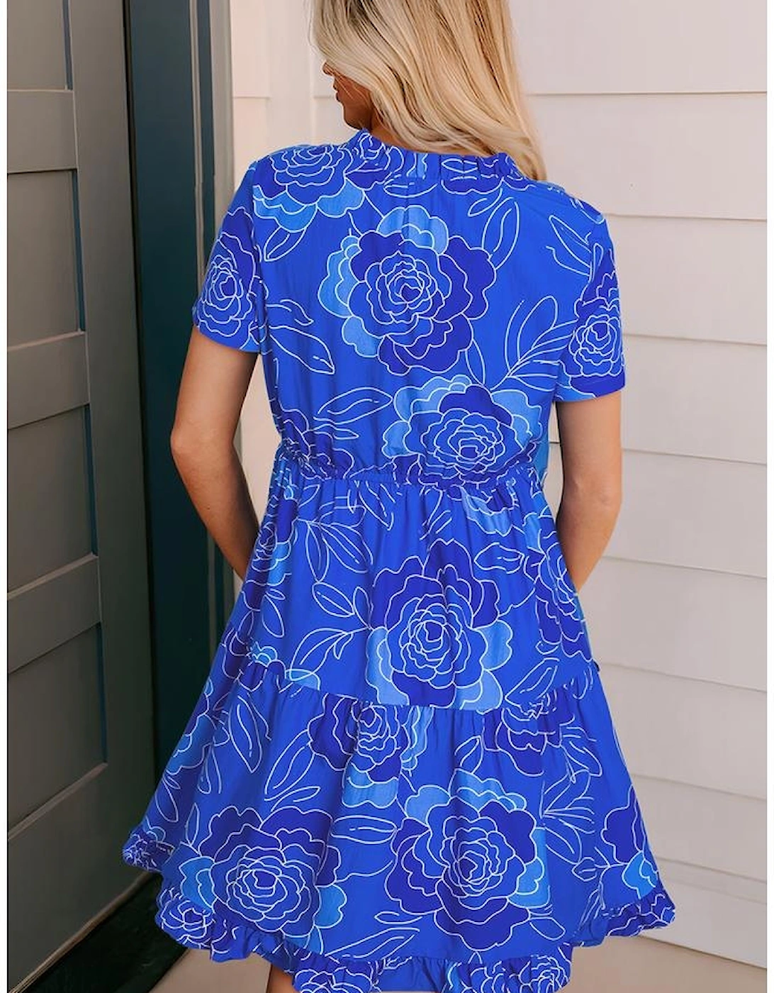 Blue Floral Ruffled Hem V Neck Short Sleeve Flowy Mini Dress, 12 of 11