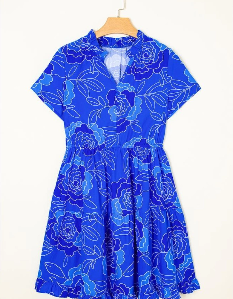 Blue Floral Ruffled Hem V Neck Short Sleeve Flowy Mini Dress