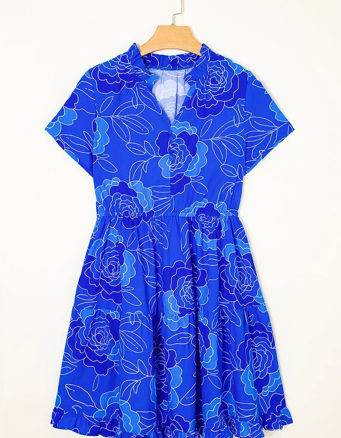 Blue Floral Ruffled Hem V Neck Short Sleeve Flowy Mini Dress