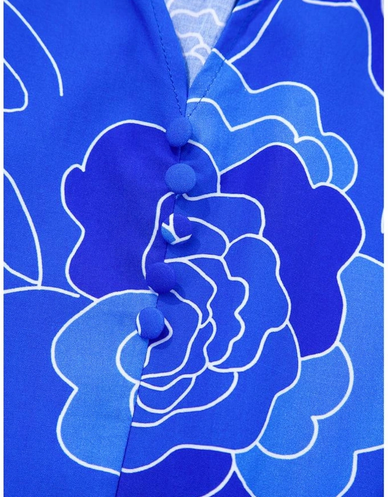 Blue Floral Ruffled Hem V Neck Short Sleeve Flowy Mini Dress