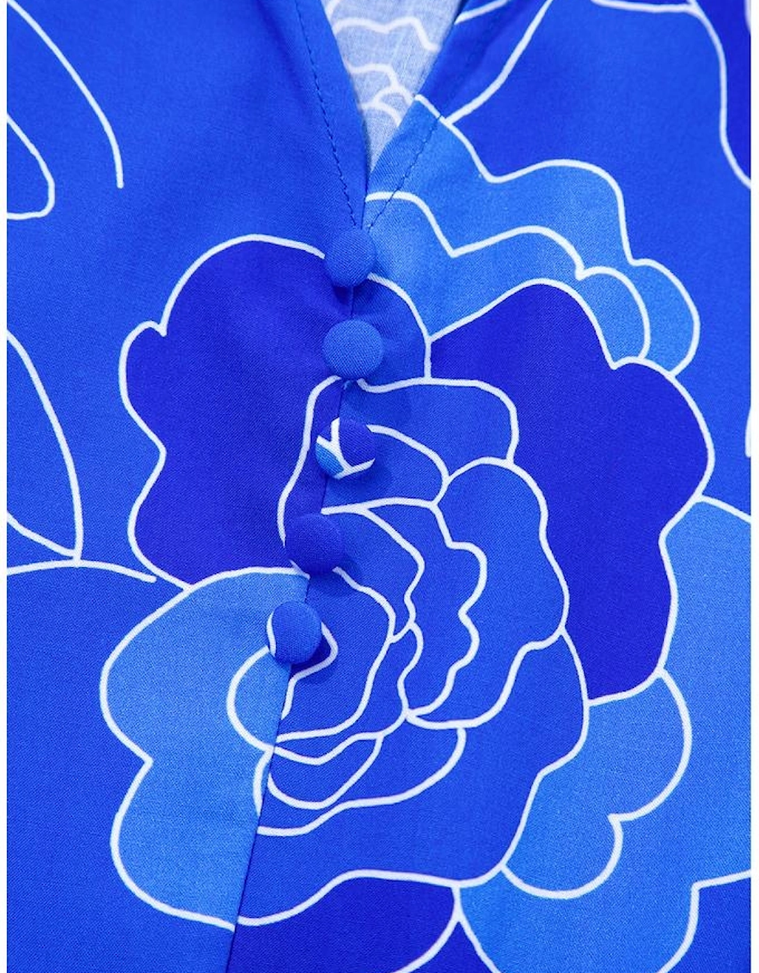 Blue Floral Ruffled Hem V Neck Short Sleeve Flowy Mini Dress