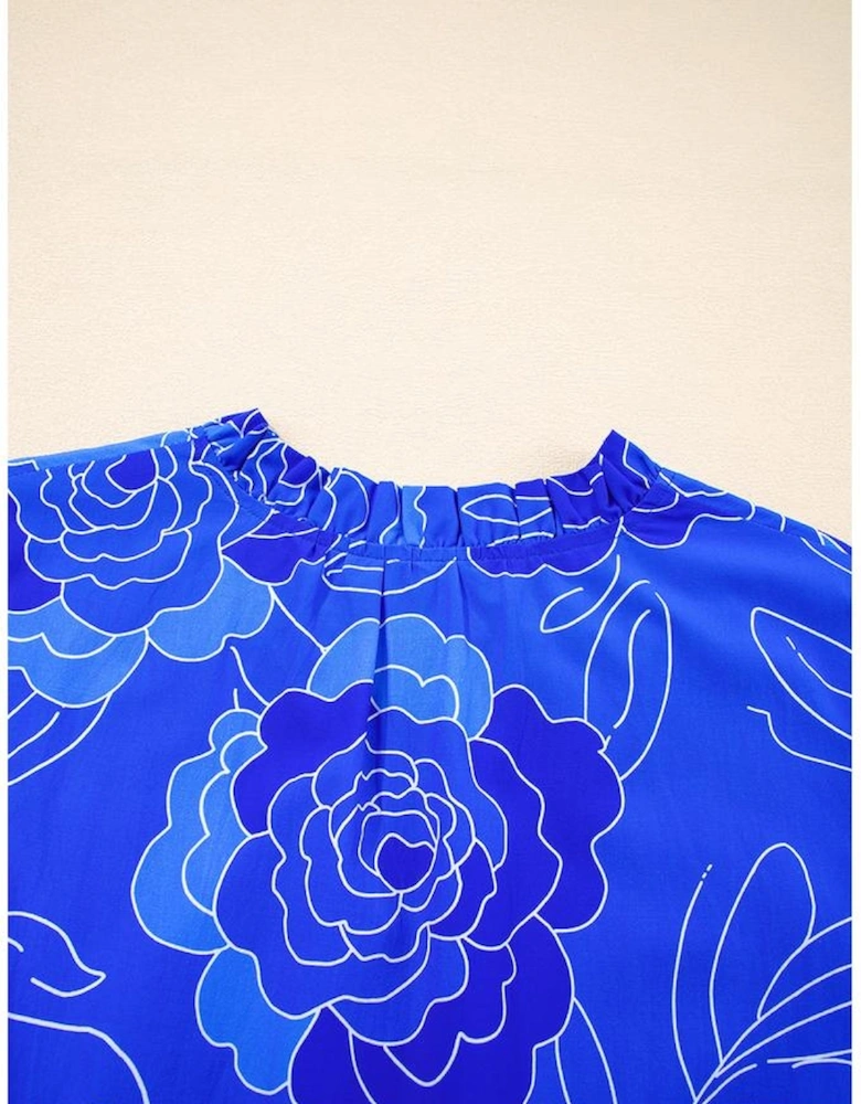 Blue Floral Ruffled Hem V Neck Short Sleeve Flowy Mini Dress