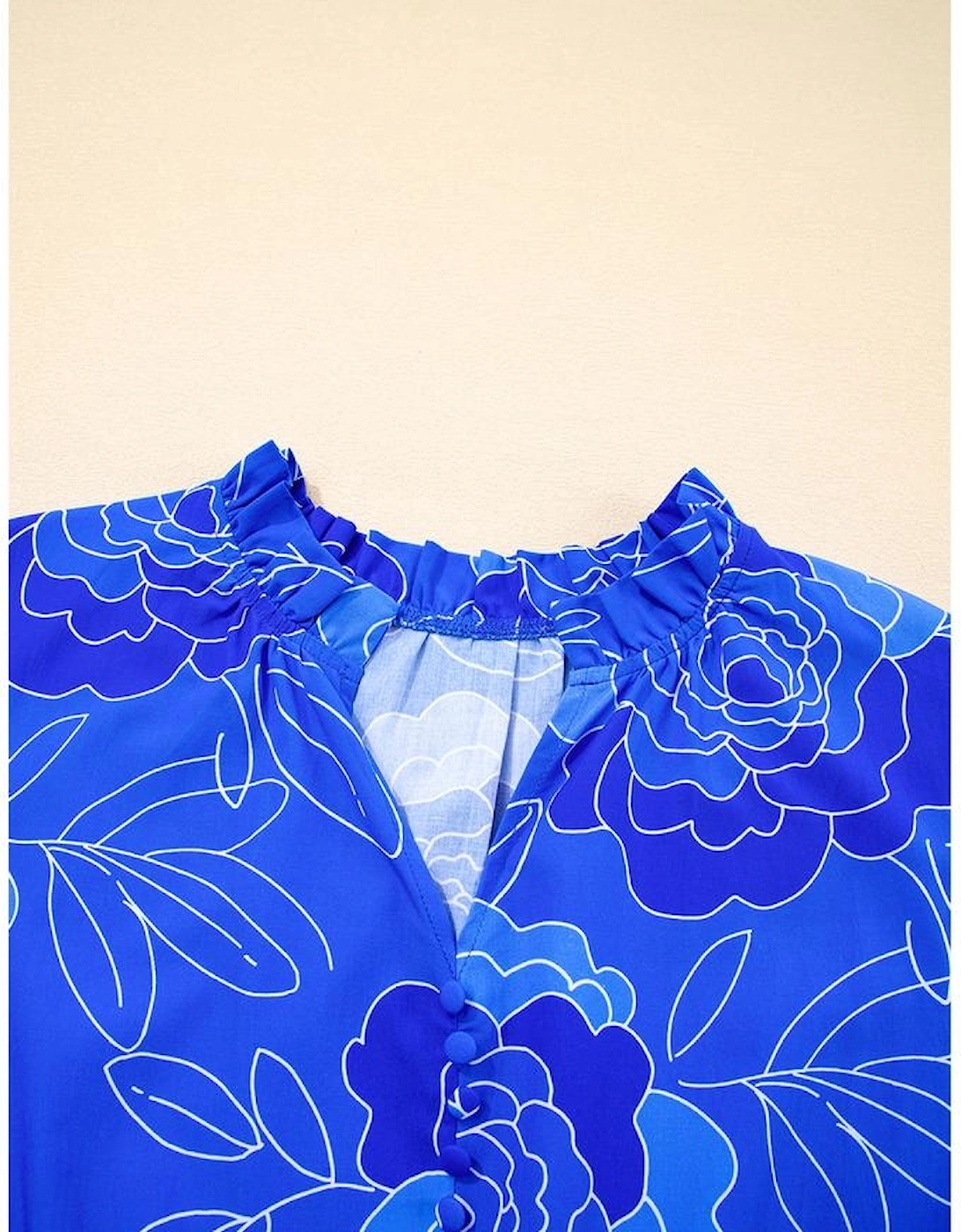 Blue Floral Ruffled Hem V Neck Short Sleeve Flowy Mini Dress