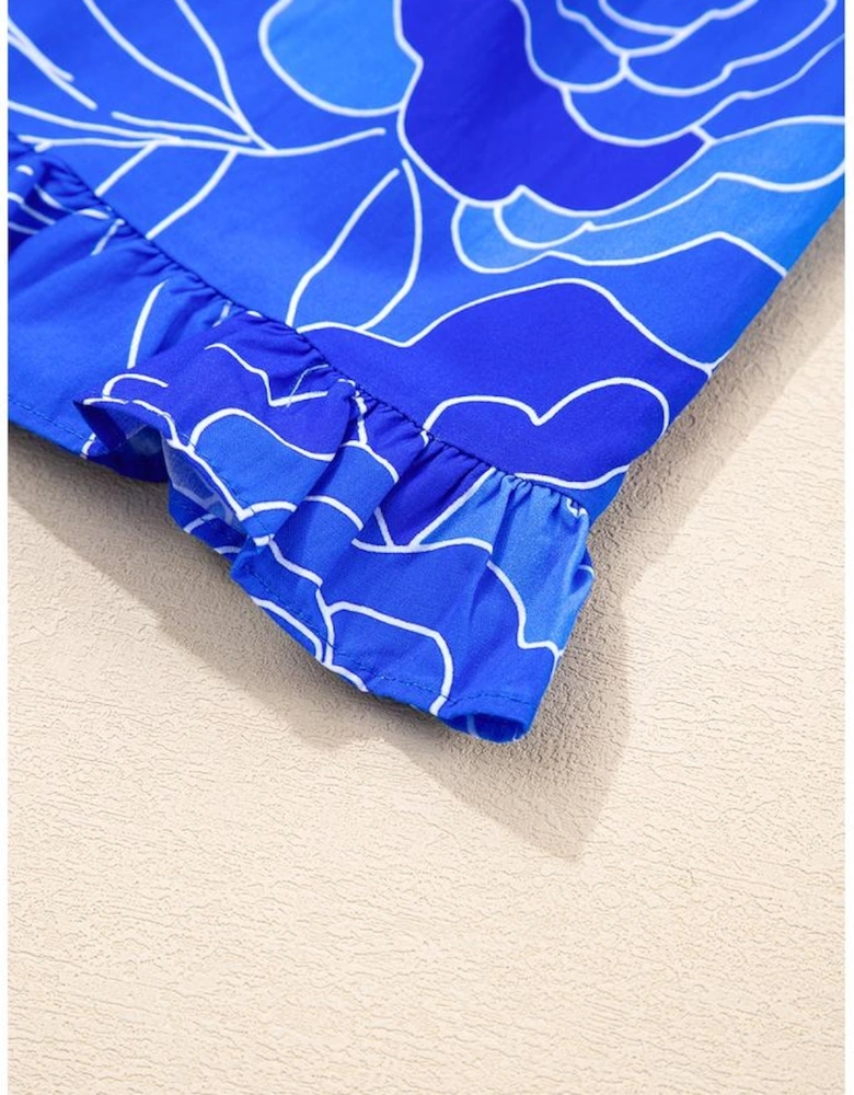 Blue Floral Ruffled Hem V Neck Short Sleeve Flowy Mini Dress