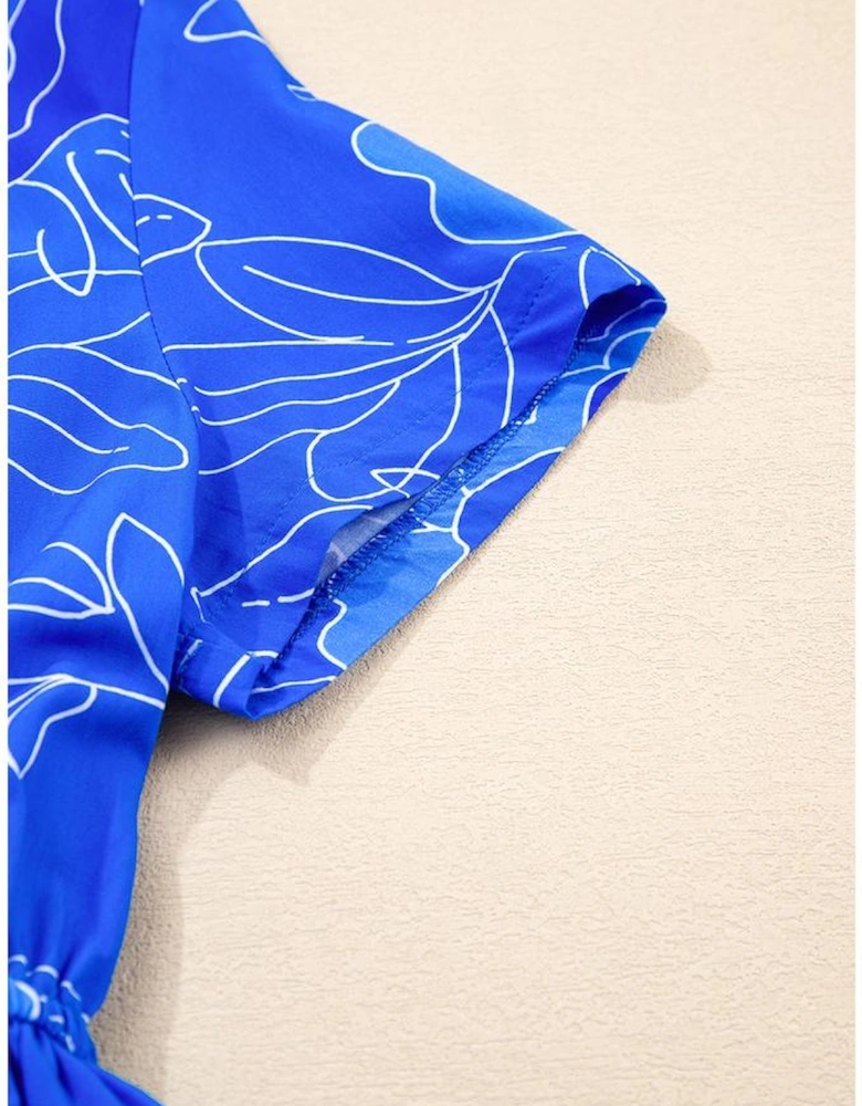 Blue Floral Ruffled Hem V Neck Short Sleeve Flowy Mini Dress