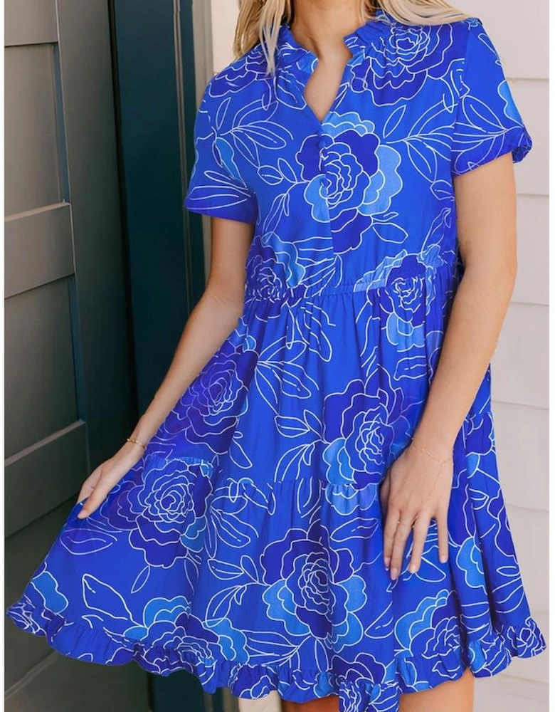 Blue Floral Ruffled Hem V Neck Short Sleeve Flowy Mini Dress