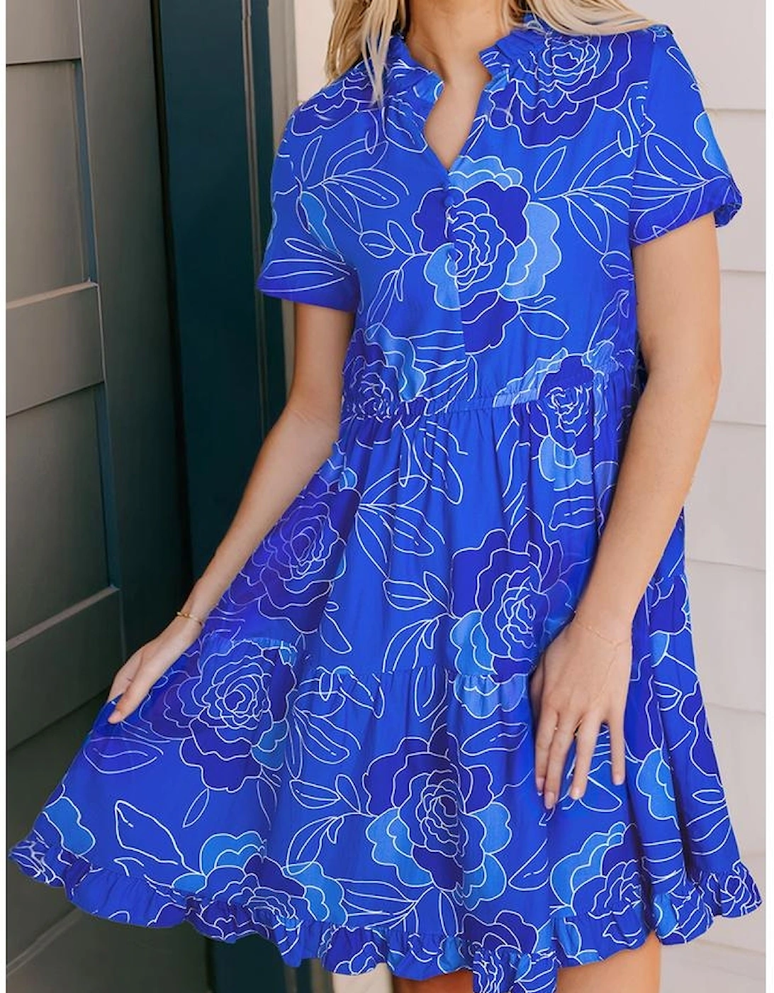 Blue Floral Ruffled Hem V Neck Short Sleeve Flowy Mini Dress