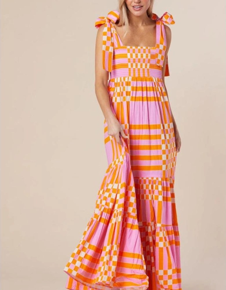Pink Boho Gingham Tied Straps Smocked Maxi Dress