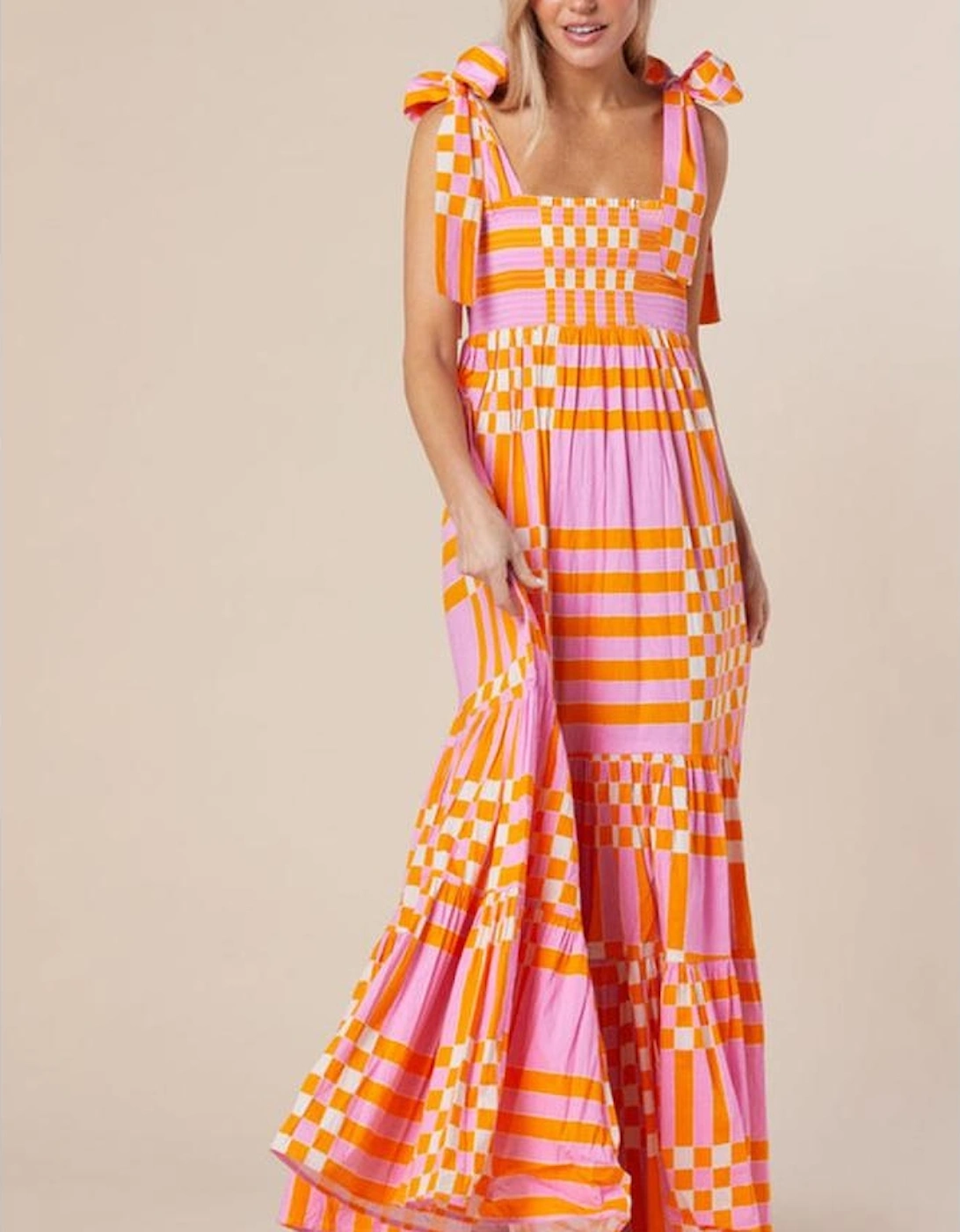 Pink Boho Gingham Tied Straps Smocked Maxi Dress