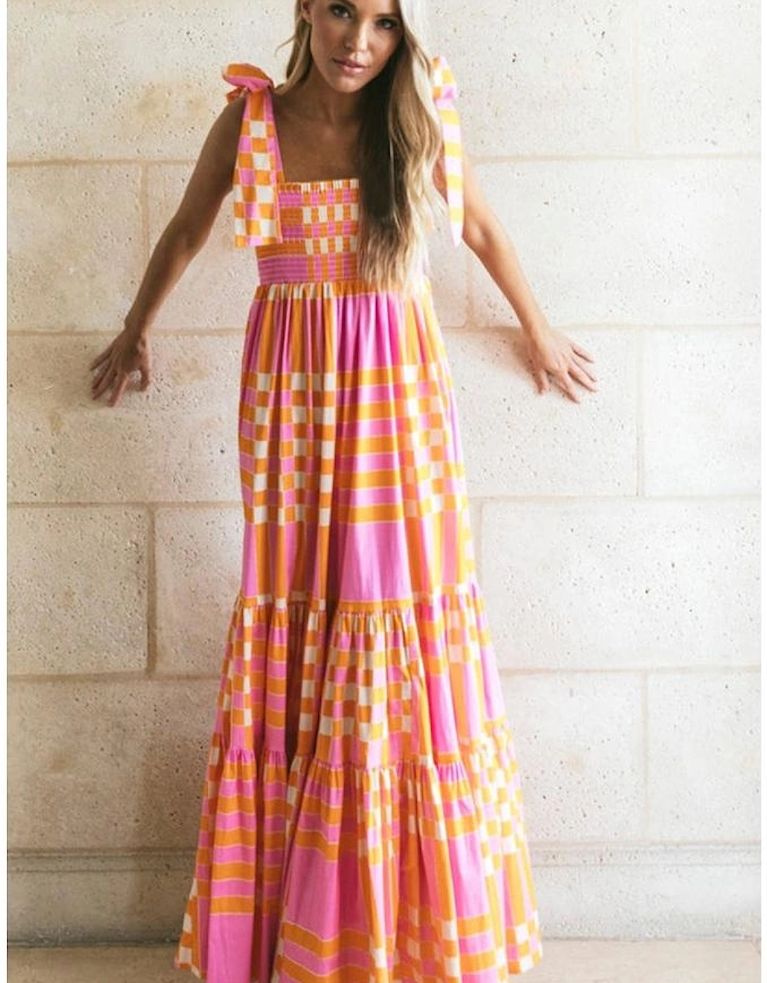 Pink Boho Gingham Tied Straps Smocked Maxi Dress