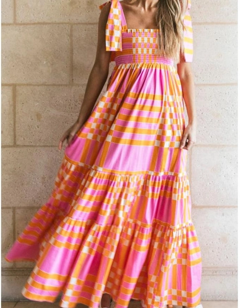 Pink Boho Gingham Tied Straps Smocked Maxi Dress