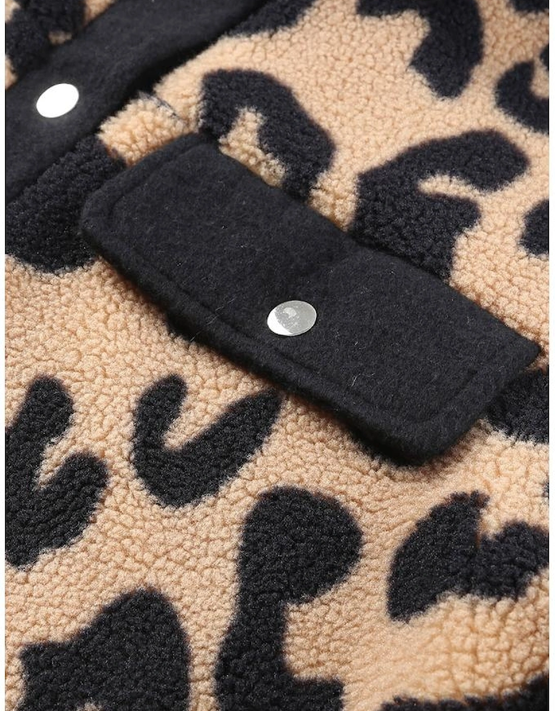 Black Contrast Trimmed Leopard Teddy Shacket, 15 of 14