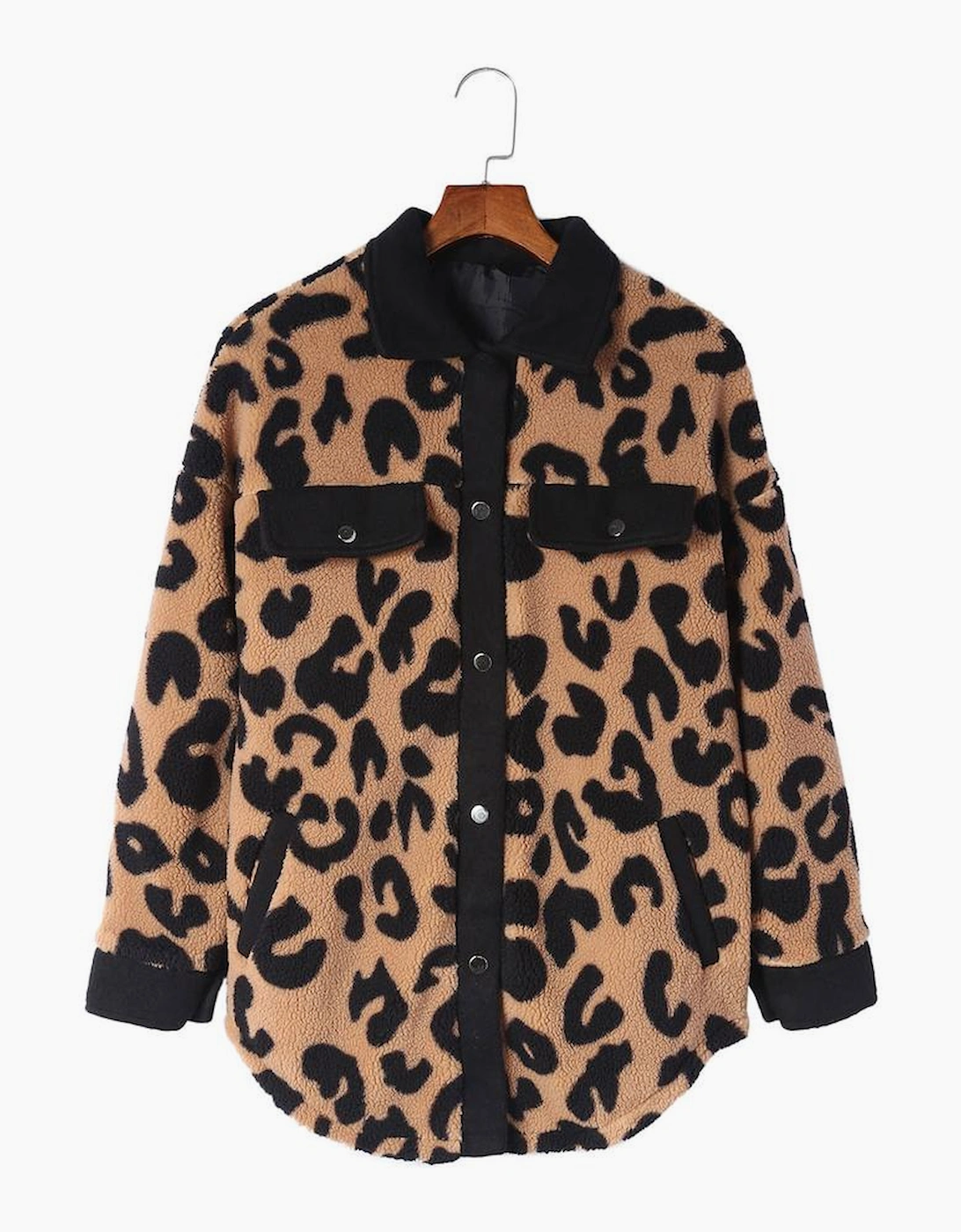 Black Contrast Trimmed Leopard Teddy Shacket