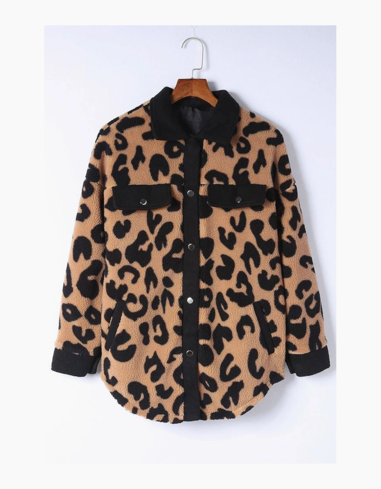 Black Contrast Trimmed Leopard Teddy Shacket
