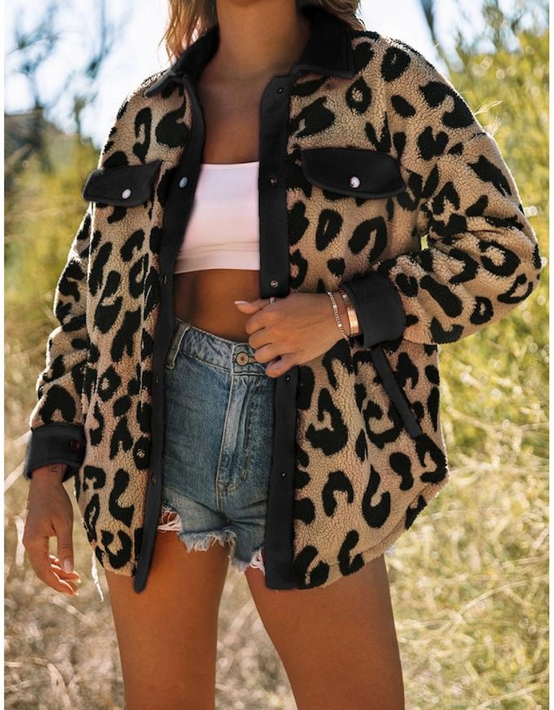 Black Contrast Trimmed Leopard Teddy Shacket