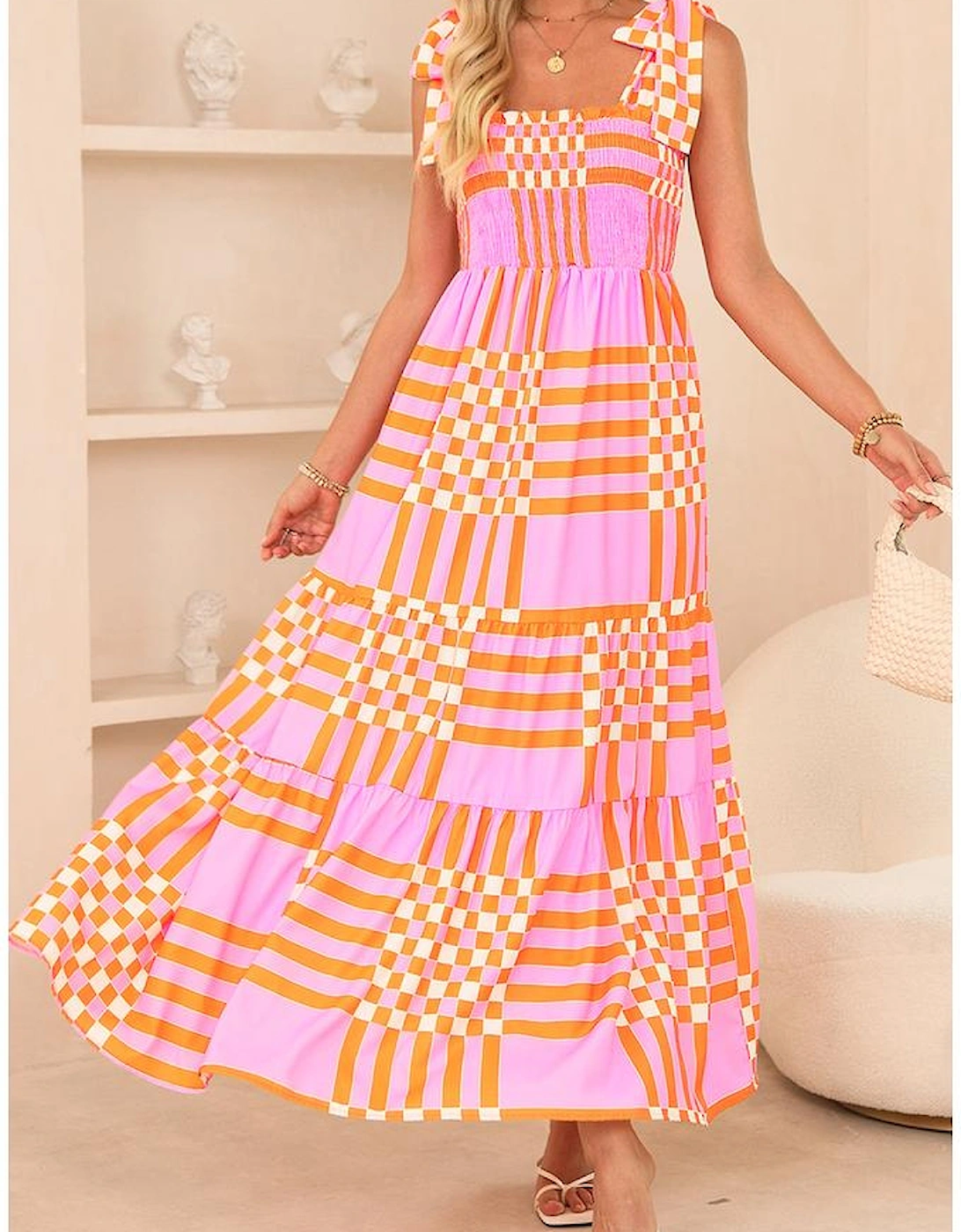 Pink Boho Gingham Tied Straps Smocked Maxi Dress