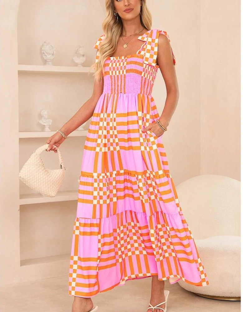 Pink Boho Gingham Tied Straps Smocked Maxi Dress