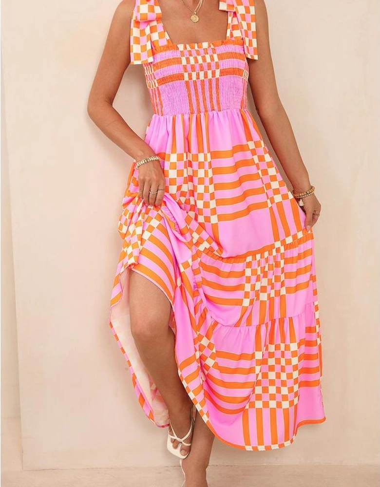 Pink Boho Gingham Tied Straps Smocked Maxi Dress