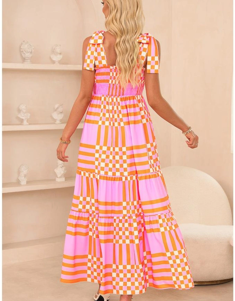 Pink Boho Gingham Tied Straps Smocked Maxi Dress