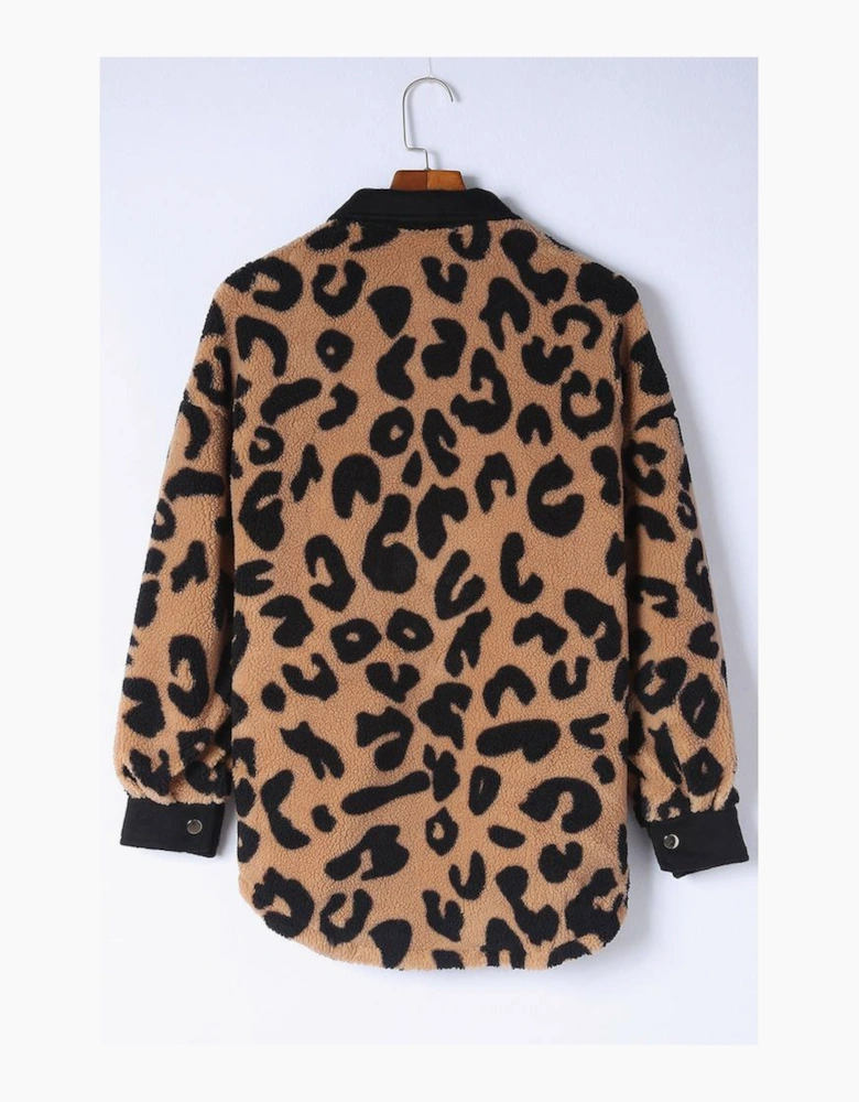Black Contrast Trimmed Leopard Teddy Shacket