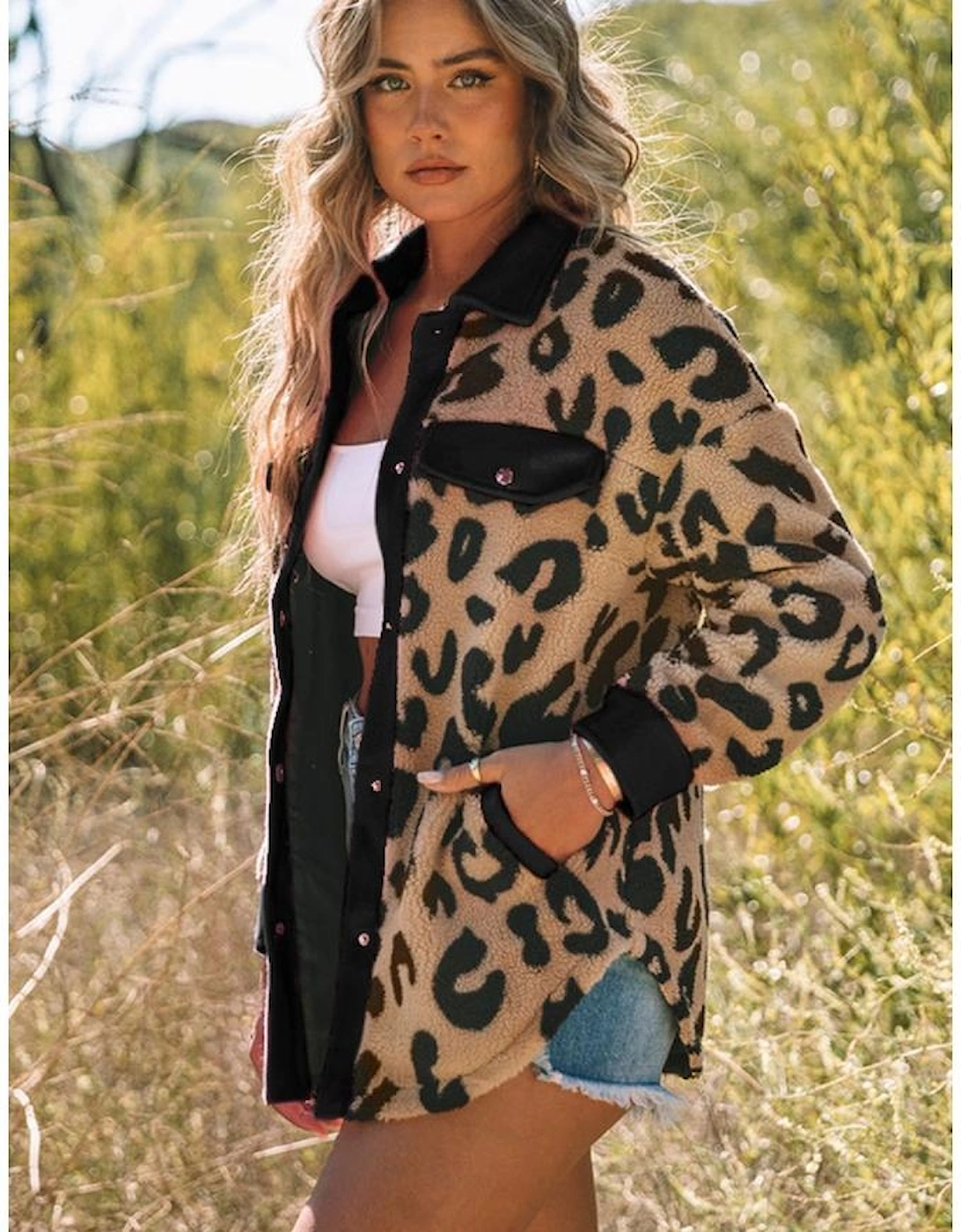 Black Contrast Trimmed Leopard Teddy Shacket