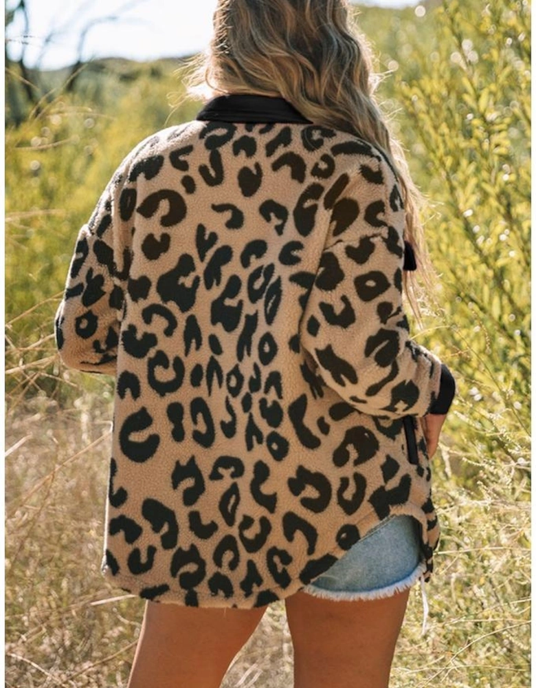 Black Contrast Trimmed Leopard Teddy Shacket