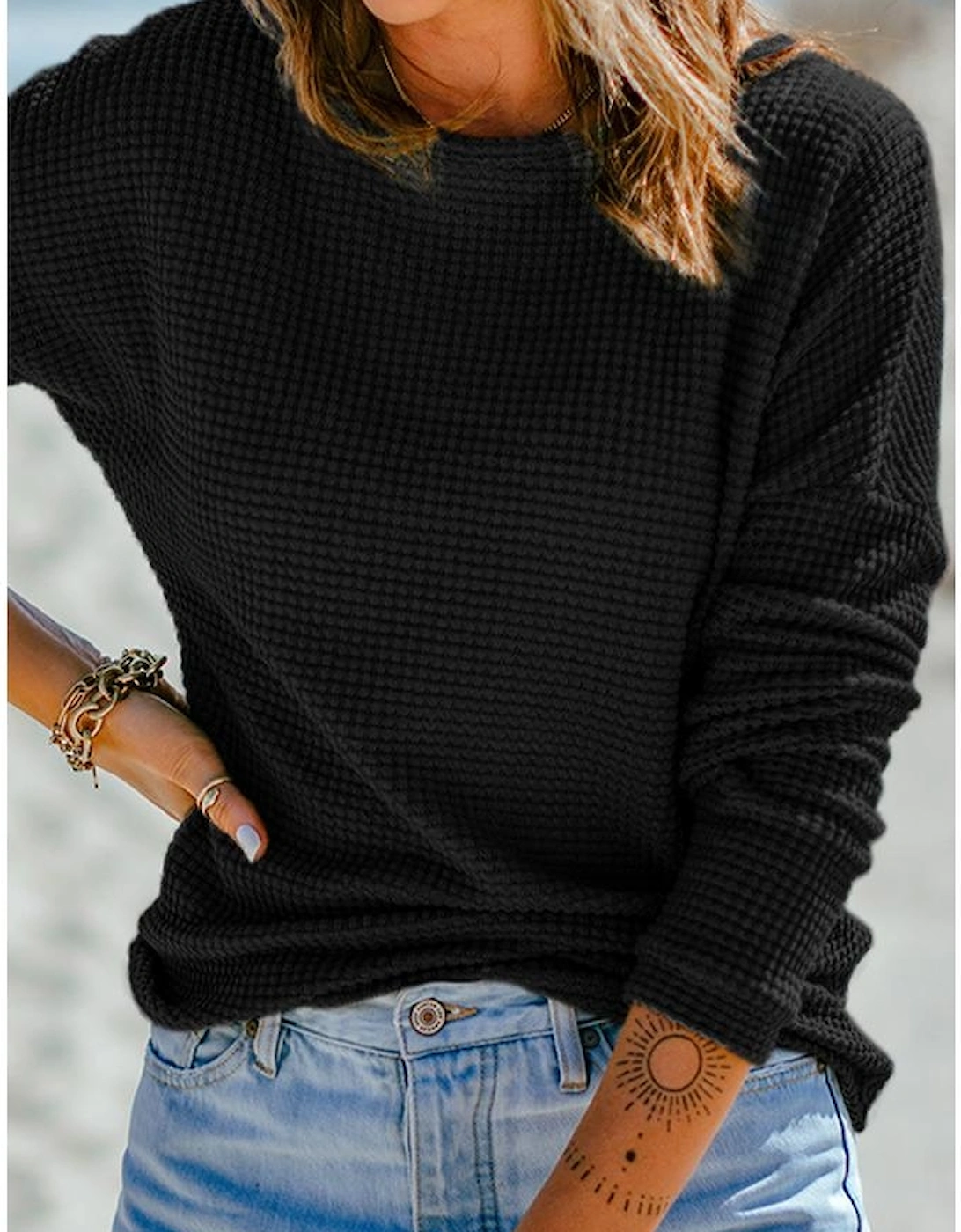 Black Waffle Knit Drop Shoulder Long Sleeve Top