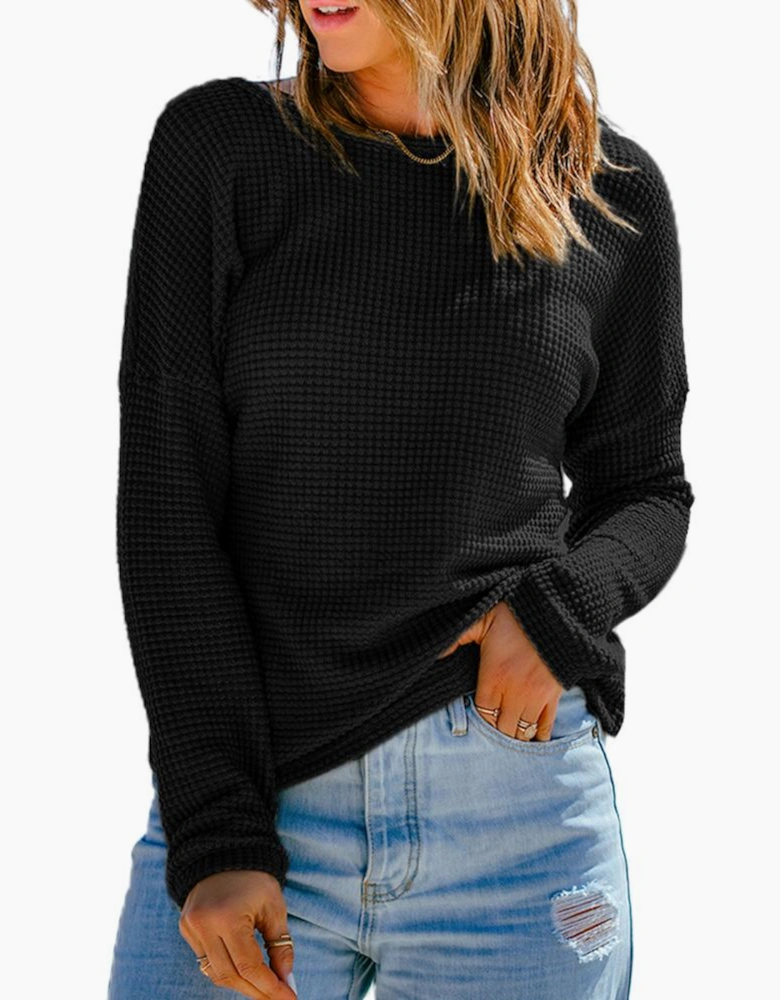 Black Waffle Knit Drop Shoulder Long Sleeve Top