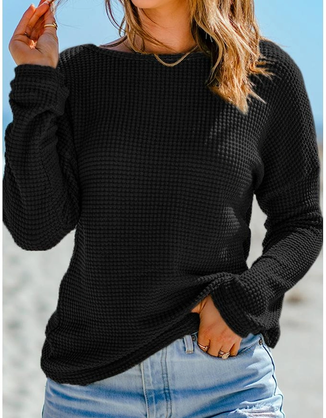 Black Waffle Knit Drop Shoulder Long Sleeve Top