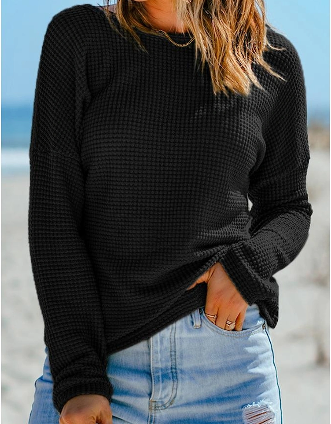 Black Waffle Knit Drop Shoulder Long Sleeve Top, 11 of 10