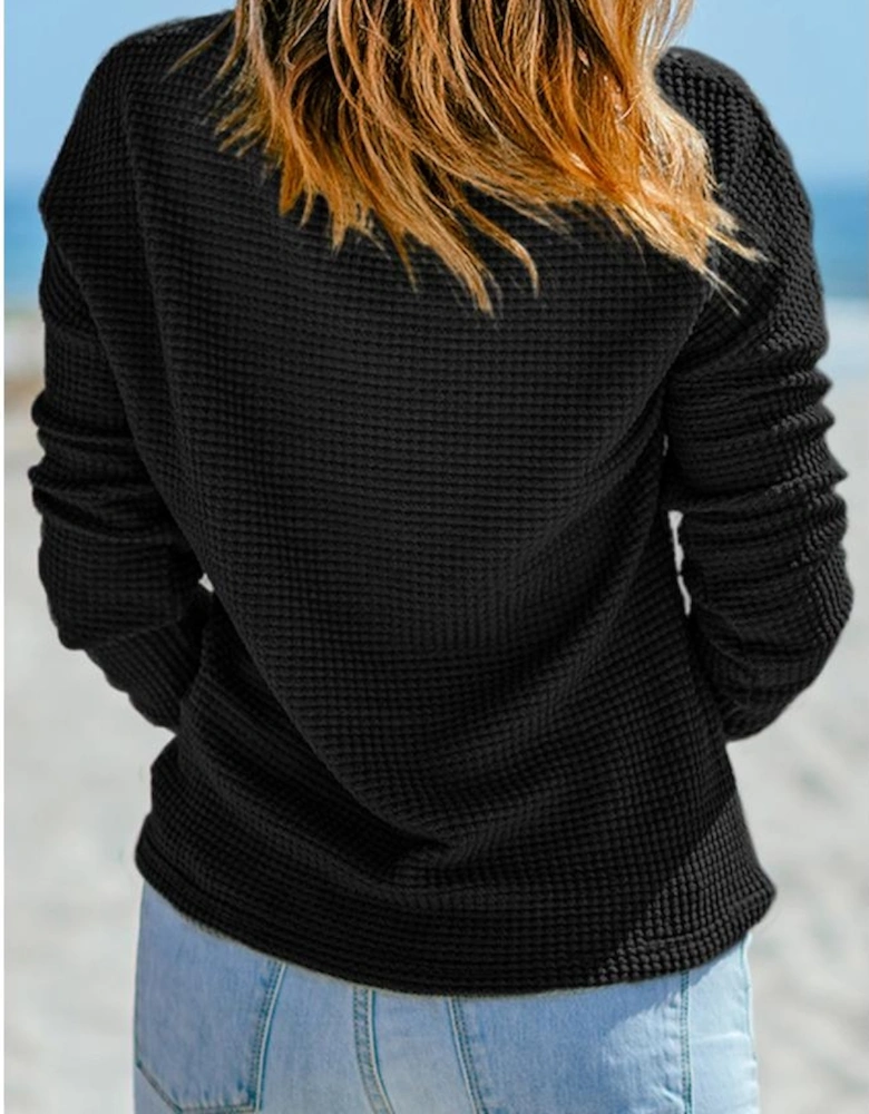 Black Waffle Knit Drop Shoulder Long Sleeve Top