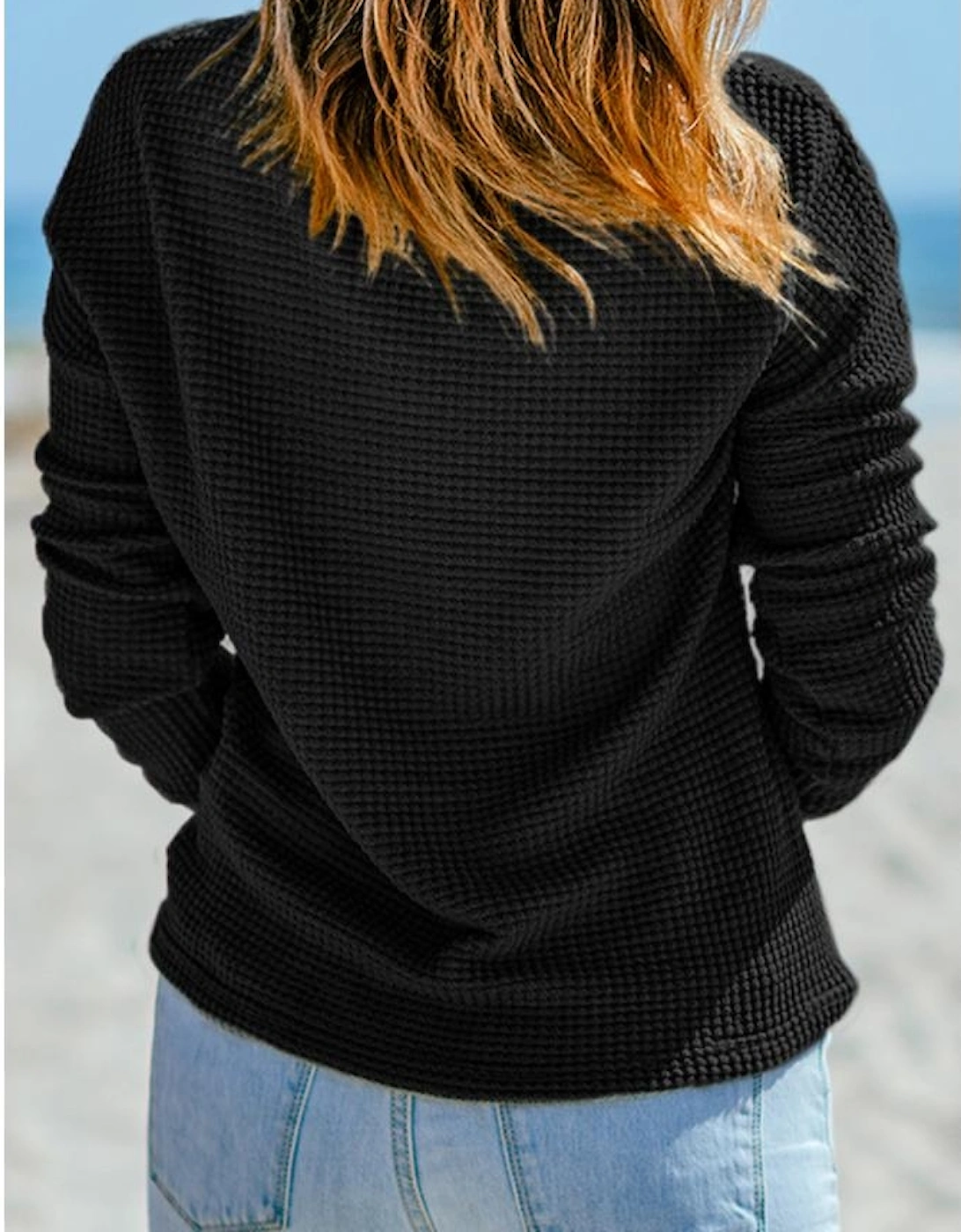 Black Waffle Knit Drop Shoulder Long Sleeve Top