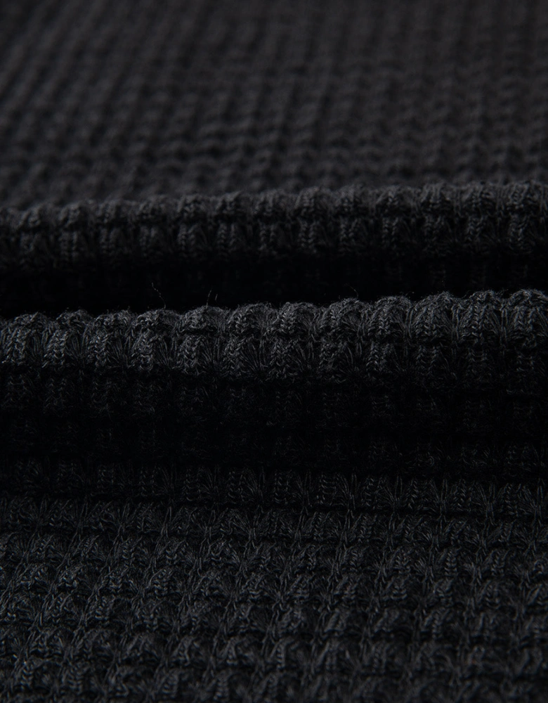 Black Waffle Knit Drop Shoulder Long Sleeve Top