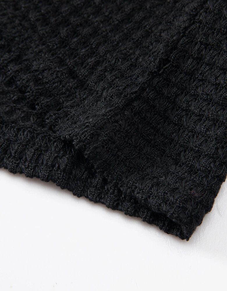 Black Waffle Knit Drop Shoulder Long Sleeve Top