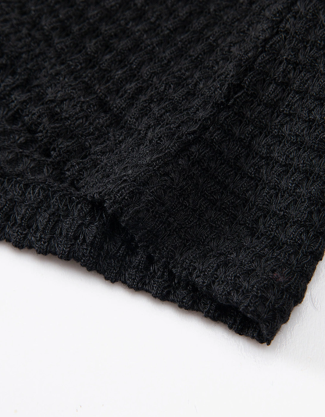 Black Waffle Knit Drop Shoulder Long Sleeve Top