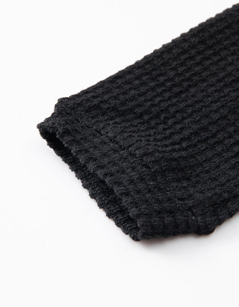 Black Waffle Knit Drop Shoulder Long Sleeve Top