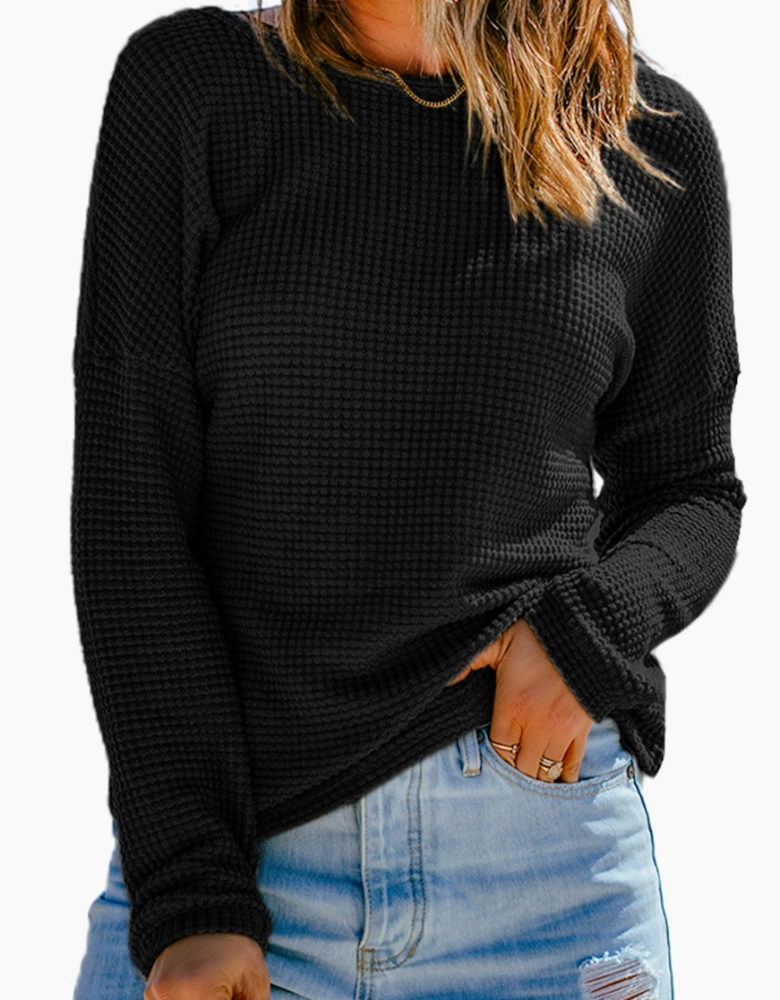 Black Waffle Knit Drop Shoulder Long Sleeve Top